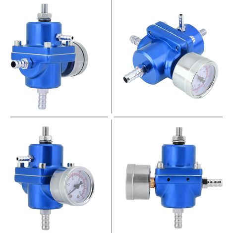 Universeller Kraftstoffdruckregler aus Aluminium mit Manometer und einstellbarem Schlauch (0–140 PSI), blau (1/5)