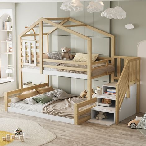Lit superposé en pin naturel 90x200cm avec fenêtre - Marches de rangement, plinthe et balustrade incluses (sans Matelas) (1/5)