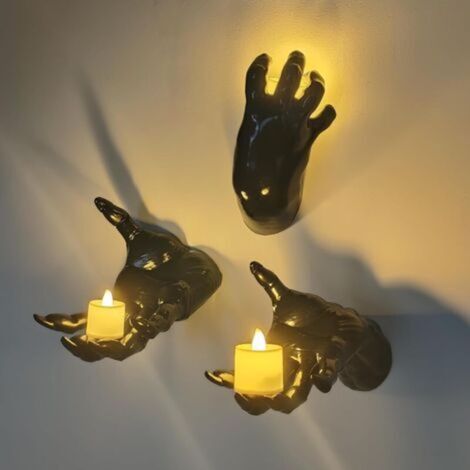 Décorations d'Halloween, paquet de 3 supports muraux de mains effrayantes avec bougies allumées, mains effrayantes grandeur nature pour décoration murale gothique/B (1/5)