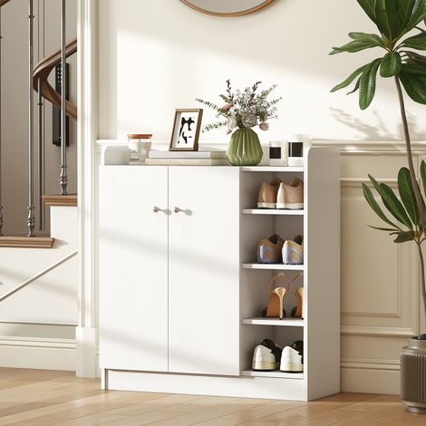 Zapatero para recibidor, con capacidad para 12 pares - armario con 4 compartimentos abiertos y doble puerta - estante ajustable - 83 cm de largo x 30 cm de ancho x 90 cm de alto - blanco