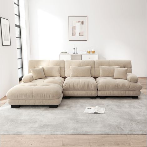 Divano modulare in ciniglia color caffè chiaro con pouf mobili, configurazione ad angolo o lineare (1/5)