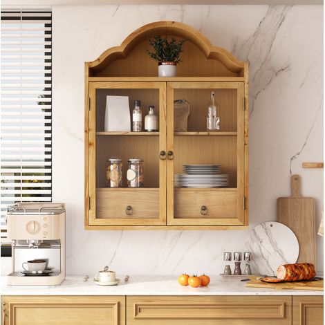 Armadio da parete retrò in legno e vetro con ante e cassetti 60 x 22 x 76,5 cm naturale (1/5)