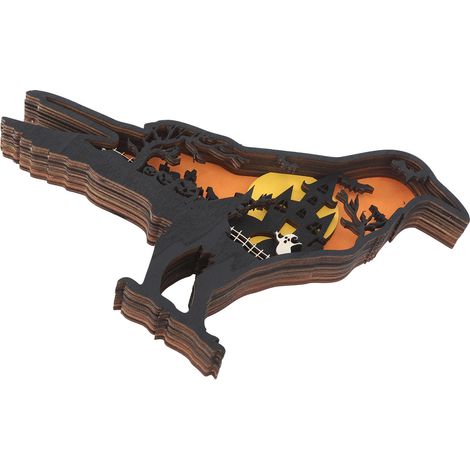 Ornement en bois sculpté avec lumière, sculpture animale 3D en bois avec lumières pour décorations d'Halloween, corbeau (1/5)