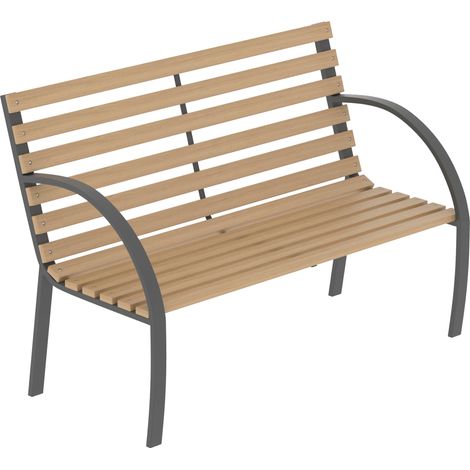 Slatted Garden Bench 3 Seater Outdoor Solid Wood & Steel