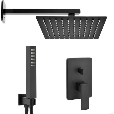 Set doccia soffione quadrato 30cm in acciaio inox braccio 30cm miscelatore a due vie e doccino completo nero opaco Kubo