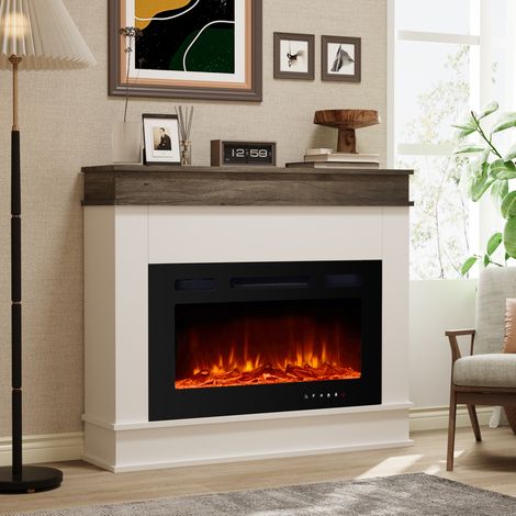 40" Black Inset Electric Fireplace with engineered wood veneer mantelpiece, adjustable temperature and flame, rustic oak / white (1/5)