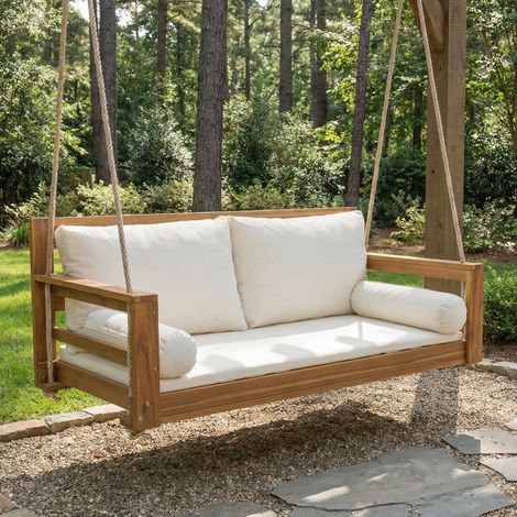 Balancelle de jardin 2 places, siège suspendu extérieur avec coussin amovible lavable, 2 cordes, sans support, bois d’acacia, Naturel et Beige
