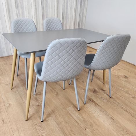 Dining Table Set of 4 Wooden Grey Table with 4 Grey Gem Patterend Chairs (1/5)