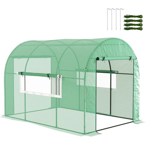 Serre tunnel pour potager 3x2x2 m en acier et PE anti-UV, portes et fenêtres roulantes, vert