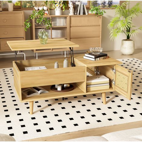 Mesa de centro 103x50x46 cm color madera en tablero de partículas con sobre elevable y puertas efecto ratán (1/5)