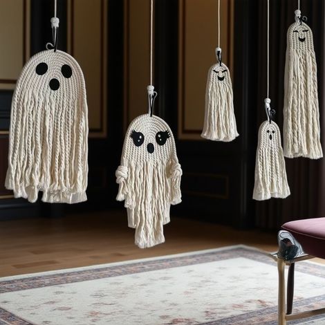 Decorazioni di Halloween - Fantasma Bianco Fantasma - Grucce intrecciate a mano - Festa di fantasmi Ins Wind - Grucce in corda di cotone a forma di fantasma - Set da 5 pezzi (1/5)