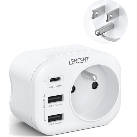 Adaptateur Prise USA Américaine Canada Mexique Thaïlande Adaptateur de Voyage 2 Ports USB et 1 Port USB-C adapté aux États-Unis, Adaptateur électrique Mâle USA/Femelle France, Type B (1/5)
