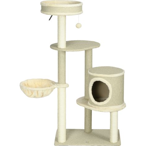 Arbre à chat, 1 panier pour chat, 1 niche pour chat, 2 plateformes, 124 cm x 59 cm x 40 cm Beige (1/5)