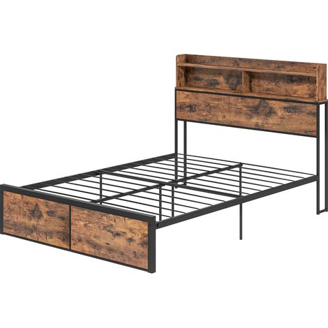 Industrial Double Bed Frame, 4.6FT Steel Bed Base with Storage Headboard, Footboard, Slatted Support Under Bed Storage, 141 x 207cm, Rustic Brown (1/5)