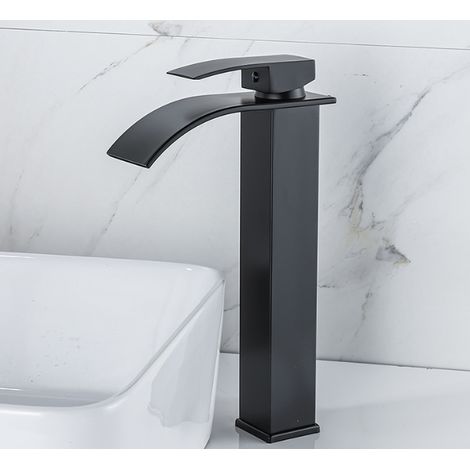 Robinet cascade en laque noire surélevée, évier de comptoir chaud et froid, armoire de salle de bains, robinet monotrou, robinet de lavabo cascade, mitigeur cascade, robinet de salle de bains monotrou
