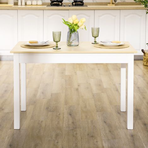 Table de repas pour 4 à 6 convives, style moderne pour cuisine et séjour, 119x70x75 cm, blanc et bois (1/5)