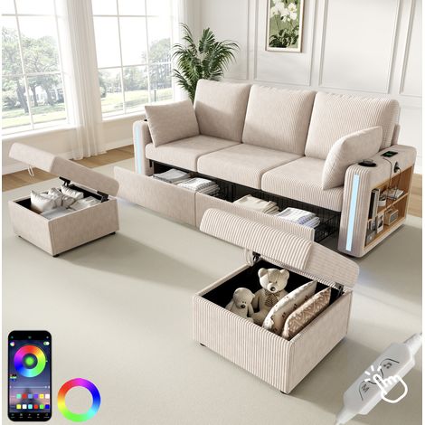Divano modulare U/L 190x130 cm con LED, USB/Type-C, vano contenitore e 2 pouf, velluto a coste beige (1/5)