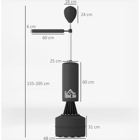 Sac de boxe sur pied avec ballon de vitesse et barre de réflexes, hauteur ajustable 155-205 cm, pour adultes, couleur noire, équipement d’entraînement complet. (1/5)