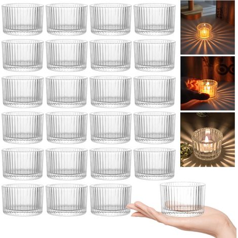 24 Photophores en Verre Transparent Strié 5,5 x 3,5 cm, Petits Bougeoirs pour Bougies Chauffe-Plat, Décoration de Table Mariage Anniversaire Fête Noël et Ambiance Maison (1/5)