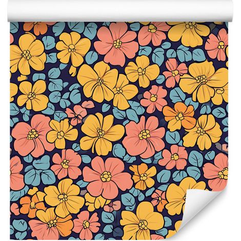 Carta da parati con fiori oro, rossi e corallo per soggiorno e camera da letto 50x1000 cm (1/5)