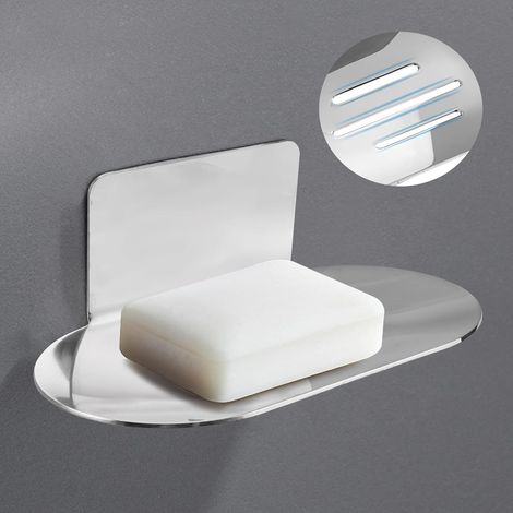 Jabonera de pared sin taladrar – acero inoxidable 14×8 cm, adhesiva, para uso en baño/cocina (plateada)