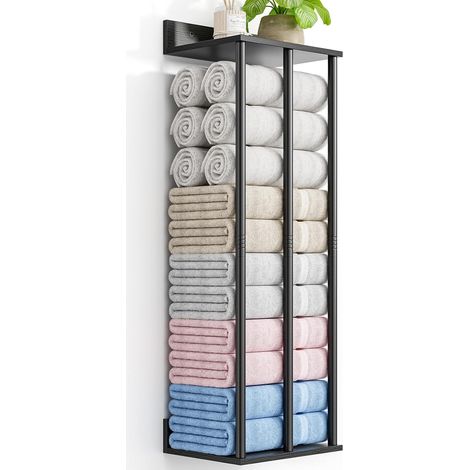 Porte-Serviettes Mural Grande Capacité avec Étagère en Bois - Deco Salle de Bain - Rangement Salle de Bain Solide et Élégant - Étagère Murale pour Serviettes, Gel Douche et Accessoires (Noir) (1/5)