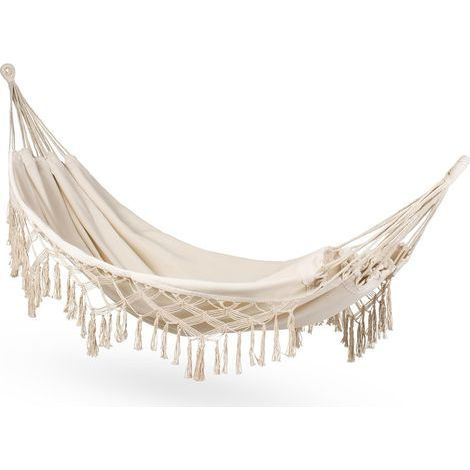 Hängematte 200 x 150 cm, bis 200 kg belastbar, Doppelhängematte für 1–2 Personen, aus Baumwolle im Boho-Stil, ideal für Garten, Balkon oder Terrasse. Atmungsaktive Hängematte für Erwachsene, beige. (1/5)