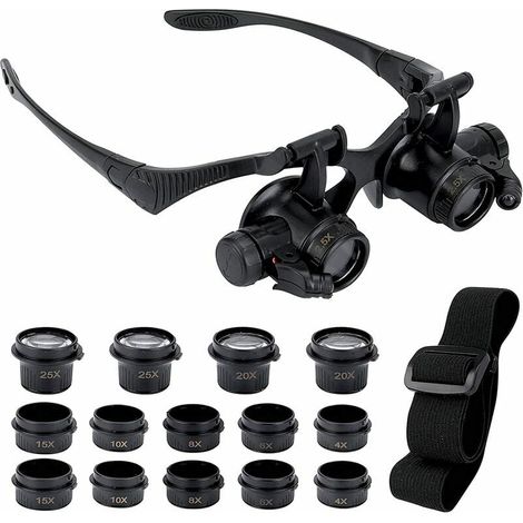 Lupe mit 2 LED-Leuchten, 8 abnehmbaren Linsen, Kopflupe, freihändige Lupe für Reparatur, Lesen, Schmuck, Uhren (2,5X 4X 6X 8X 10X 15X 20X 25X) (1/4)
