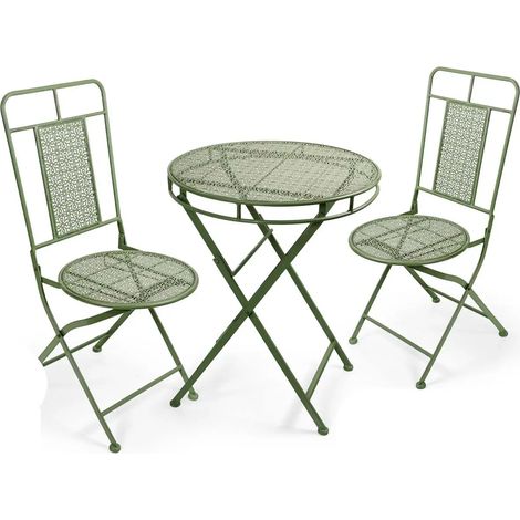 Metallset mit grünem Tisch und 2 Stühlen, 60 x 73 h cm, 40 x 54 x 93 h cm