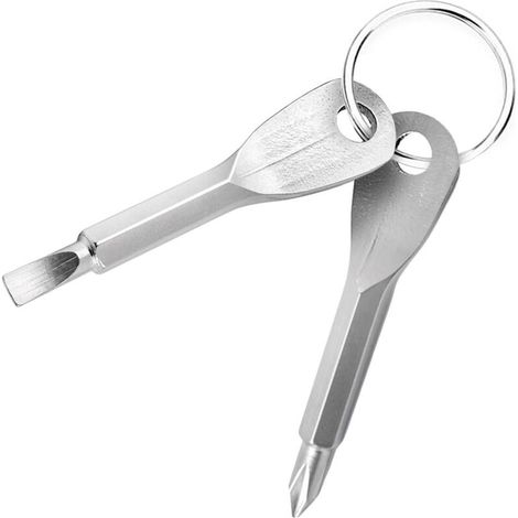 Mini Multifunction Pocket Tool, Portable Outdoor Emergency with Keychain, Pocket Screwdriver 2 Keys (Silver). (1/5)