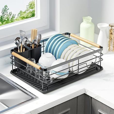 Égouttoir vaisselle métal noir, séchoir compact cuisine, rangement plan de travail (1/5)