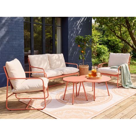 Conjunto de jardín 4 plazas estructura de metal y cojines de tela con fundas extraíbles sofá sillones y mesa de centro coral Formello (1/5)