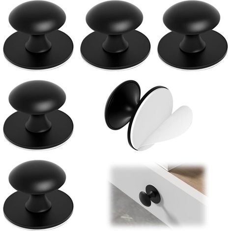 Lot de 6 boutons de meuble autocollants noirs ronds en acier inoxydable, sans perçage, à coller sur les tiroirs, les portes de douche, les placards, les glacières et les portes en verre (1/4)