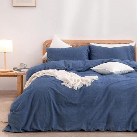Housse de Couette 240x260cm Coton Bleu Parure de Lit 240x260 Coton Linge de Lit Respirant Housse Couette Bleu avec Fermeture Éclair avec 2 Taie d'oreiller 65x65cm (1/5)