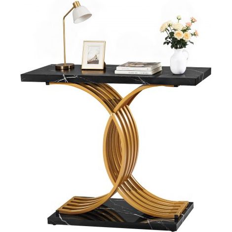 Mesa Consola Moderna, Mesa Auxiliar Rectangular para Colocar Detrás del Sofá, 100 x 30 x 81 cm, Fabricada en MDF y Tubos de Acero, para Recibidor, Dormitorio, Sala de Estar, Negro y Dorado (1/5)