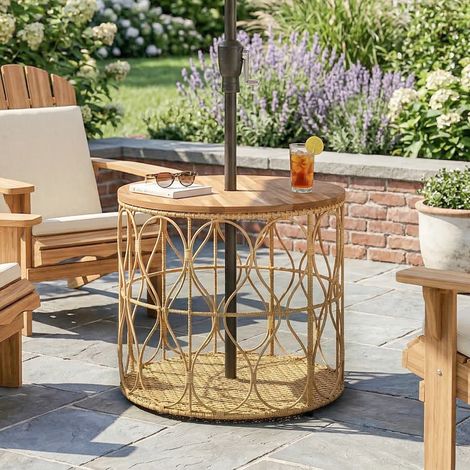 Table d'appoint Ø50 cm, table de jardin résistante aux intempéries aspect rotin, plateau en bois d'acacia, pieds réglables, teck