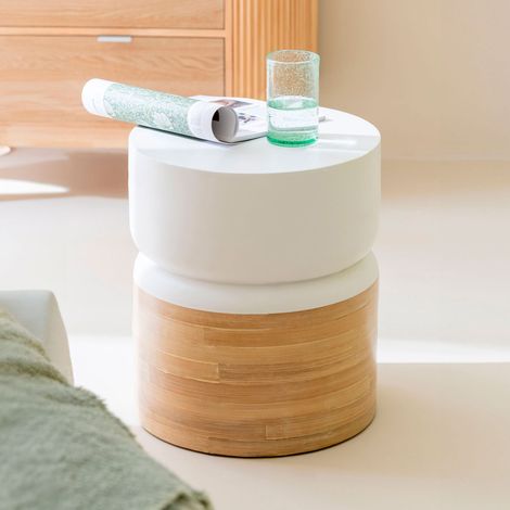 Table d'appoint ronde 40x47 cm en bambou naturel et blanc (1/4)