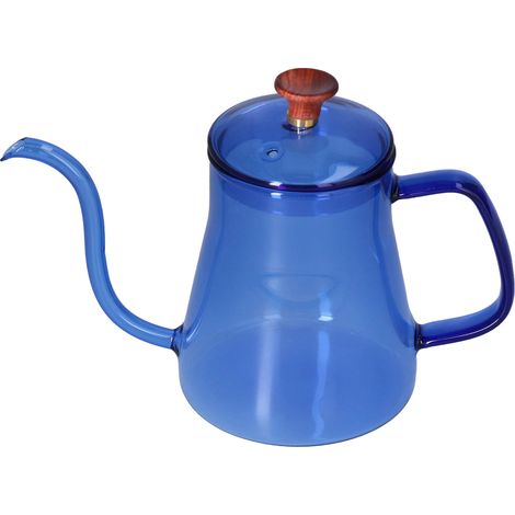 1 Bouilloire à long bec verseur, en verre borosilicaté et bois composite, capacité 350 ml, couleur bleue (1/5)