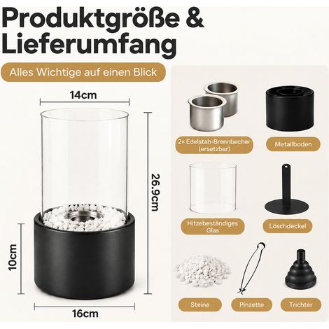 ZMH Cheminée de Table au Bioéthanol Cylindrique 12,3 x 21 cm, Foyer Design Noir pour Intérieur et Extérieur (1/4)