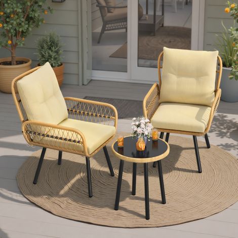 Salon de jardin 2 fauteuils table verre rotin PE 69x83 cm (1/5)