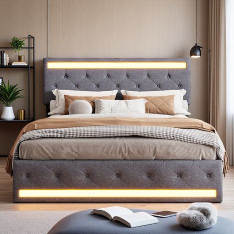 Lit rembourré 160 x 200 cm, avec LED, port de charge USB, tête de lit réglable, lit coffre avec 4 tiroirs, lit adulte/lit ado/lit double, avec sommier à lattes, lin, gris (1/5)