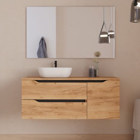 Meuble de salle de bain 120cm avec plateau, vasque à poser déportée à gauche Zeus et miroir - 2 tiroirs et un placard - roble (chêne clair) - ZARZA