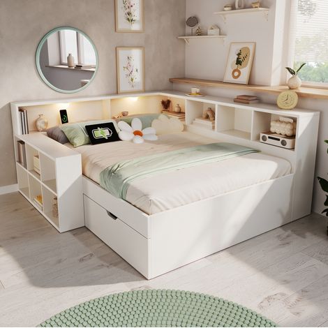 Letto matrimoniale 140x190 cm con contenitore, luci da lettura USB e Type-C bianco OKWISH (1/5)