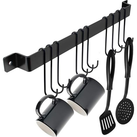 Étagère de Cuisine Murale Sans Perçage Porte-épices avec 10 crochets amovibles,Suspendre des Spatules,des Cuillères et d'autres Ustensiles de Cuisin, Noir, 1PC