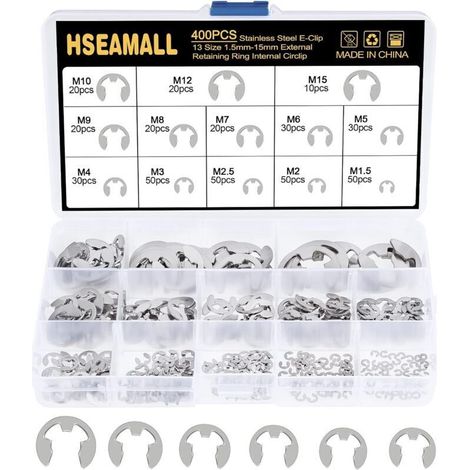 Kit de 400 circlips en acier inoxydable de 13 tailles différentes (1,5/2/2,5/3/4/5/6/7/8/9/10/12/15 mm) avec boîte en plastique. (1/5)
