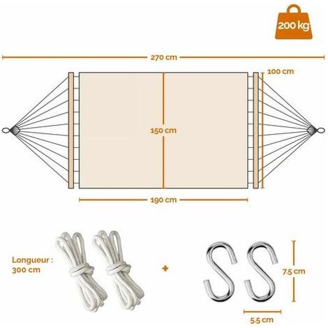 Toile de hamac 2 personnes 150 x 270 cm avec système d'attache - Beige - Linxor