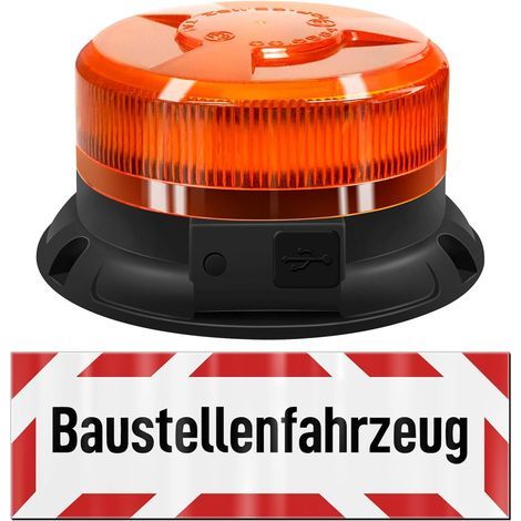 AnTom 12V Akku-betriebene runde Arbeitsleuchte mit Magnetfolie, 45 x 15 mm - 24V Warnschild - Gelb - Magnetische LED - Für Baufahrzeuge (1/5)