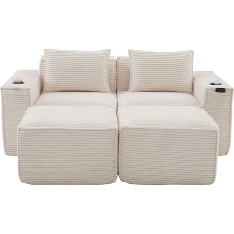Sofá modular de 2 plazas en pana beige con 2 pufs, portavasos y bolsillos (1/5)
