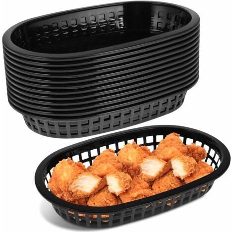 BUNTHAUS Lot De 12 Paniers De Restauration Rapide Noirs  Corbeille à Pain Ovale En Plastique RéUtilisable 23cm  Plateau Pour Burger Frites Hot Dog Sandwich Fruit Sweets  Accessoires Service Bbq
