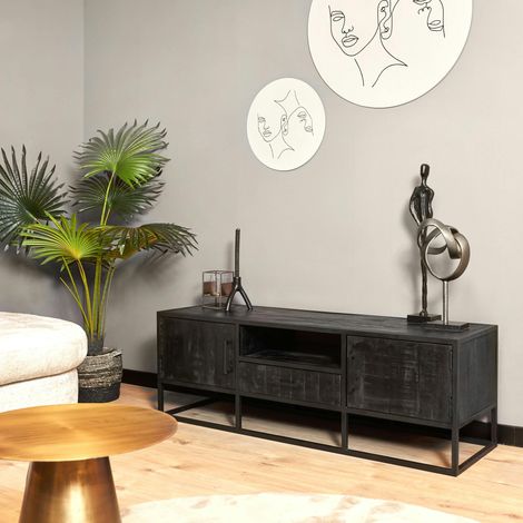 Meuble TV bois noir avec rangement 145 cm RIVANO